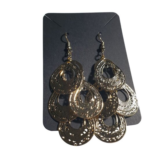 Gold Tone Dangling Teardrop Earrings Hook Lightweight Pierced Ears Jewelry Gift - Picture 3 of 4